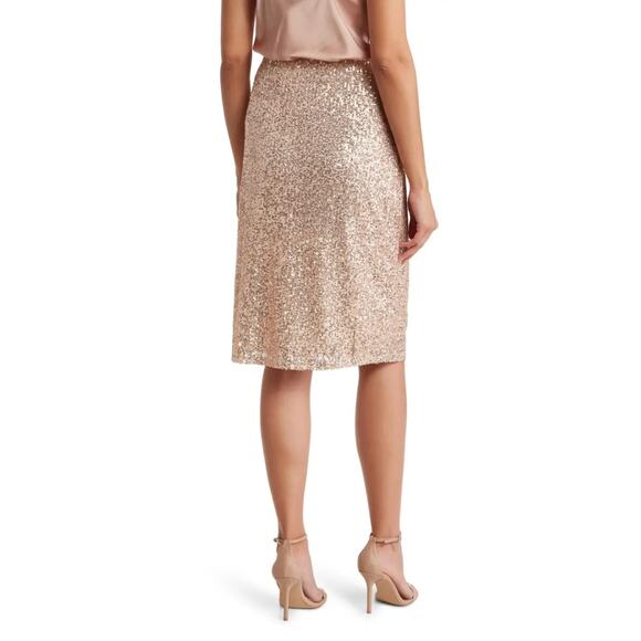 Adrianna Papell NWT Rose Gold Sequin High Waist Pull-On Pencil Midi Skirt Medium - Picture 5 of 7
